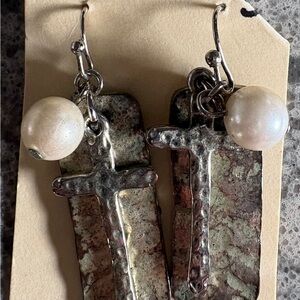 Silver-Tone Cross Drop Earrings with Ivory Pearl Accent